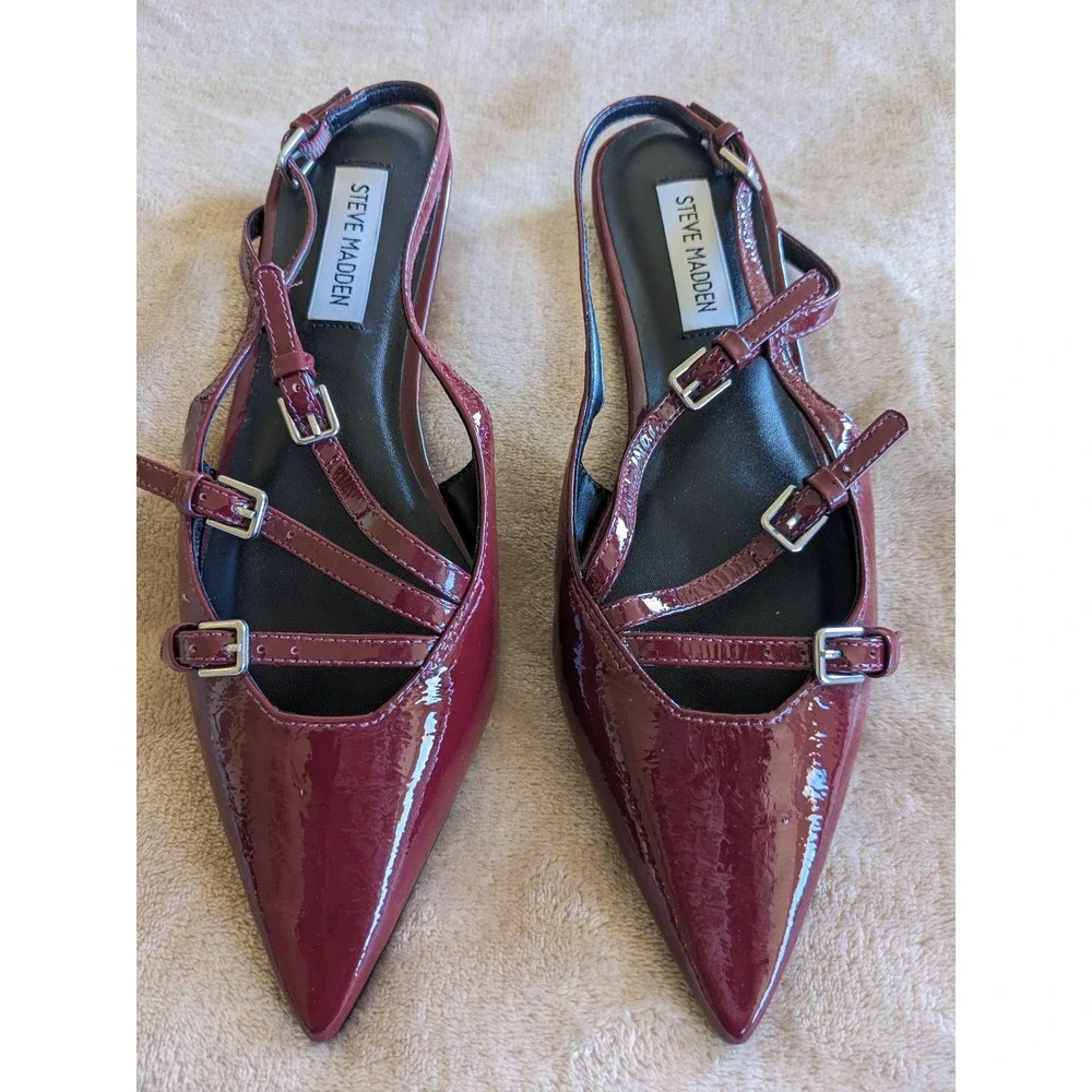 Steve Madden Peony Burgundy Patent Multi Strap Pointed Toe Slingback Flats 7.5M